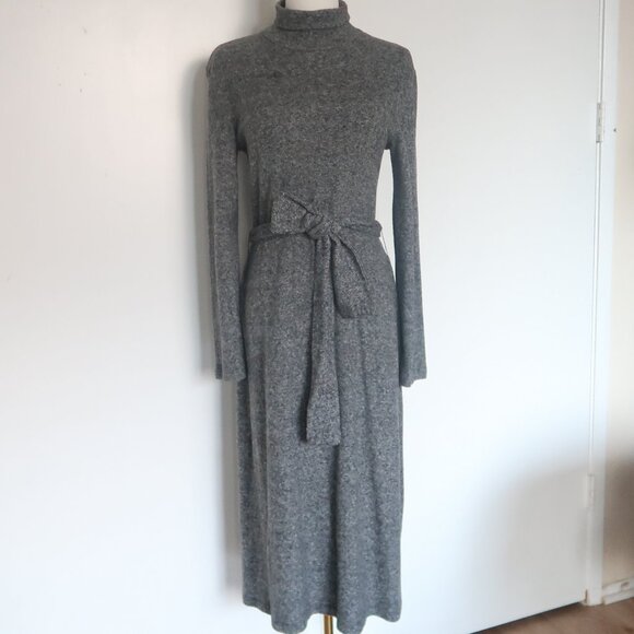 ZARA Gray Turtleneck Long Sleeve Belted Knit Midi Dress Size S - Picture 8 of 9